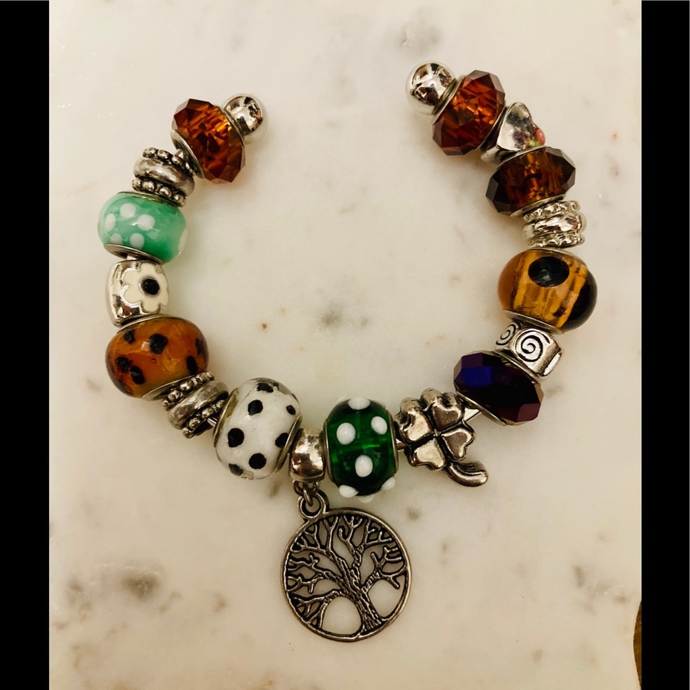 Beaded Bangle -Silver Tone/Multi-Color Beads